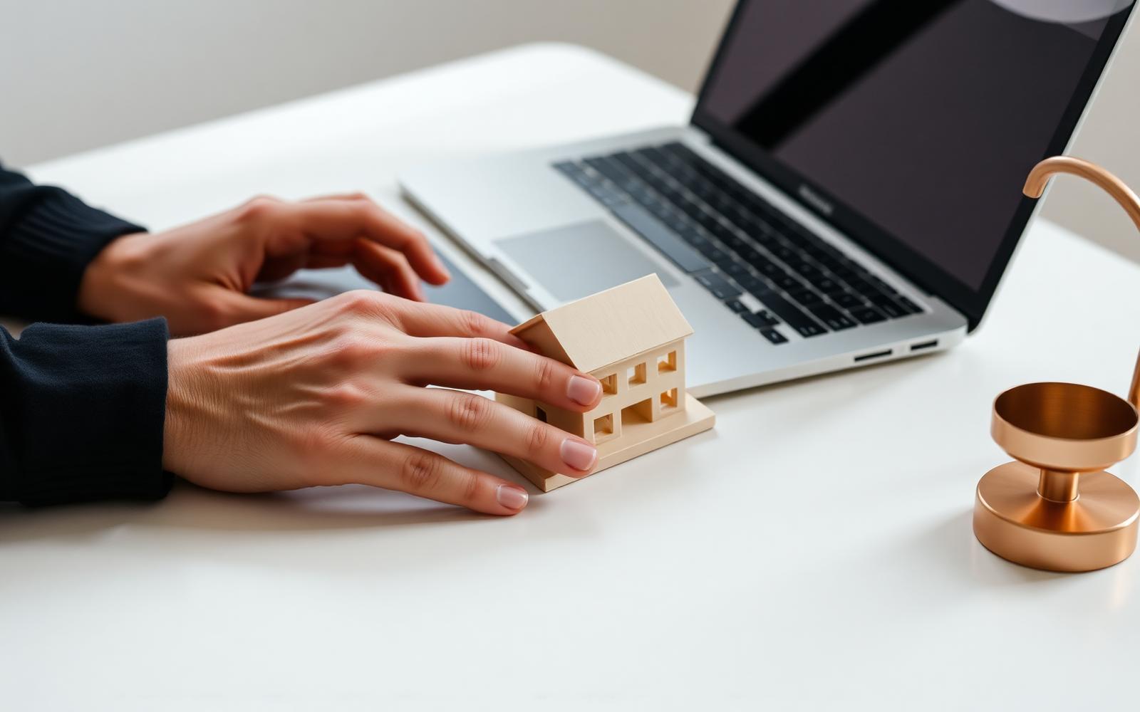 Hände einer Architektin am Laptop neben einem kleinen Studienmodell