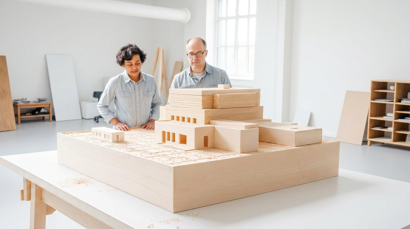 Architekturmodell in hellem Tageslicht auf weißem Werktisch