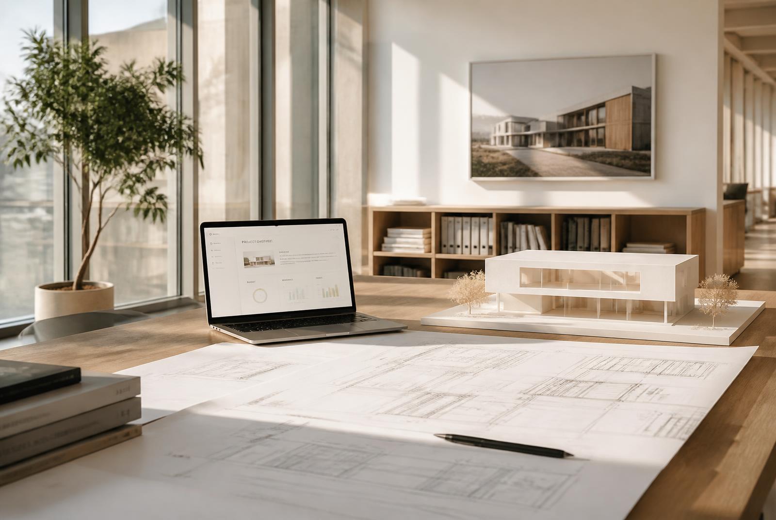Helles Architekturbüro mit Modell, Plänen und Laptop im Tageslicht