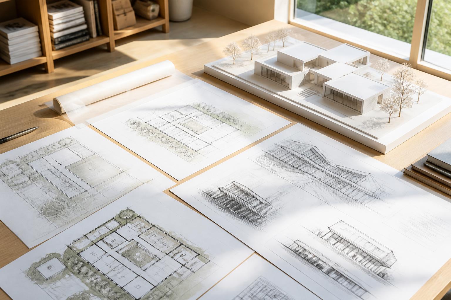 Lichtdurchfluteter Architekturtisch mit Lageplanskizzen, Schnitten und einem weißen Modell