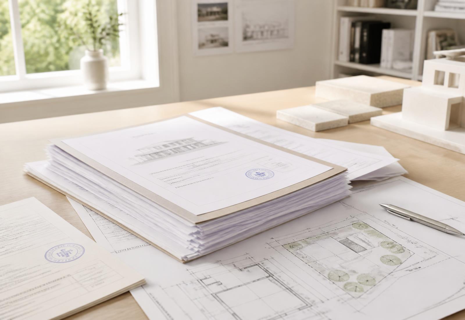 Antragsunterlagen, Lageplan und Formulare auf einem hellen Arbeitstisch im Architekturbüro