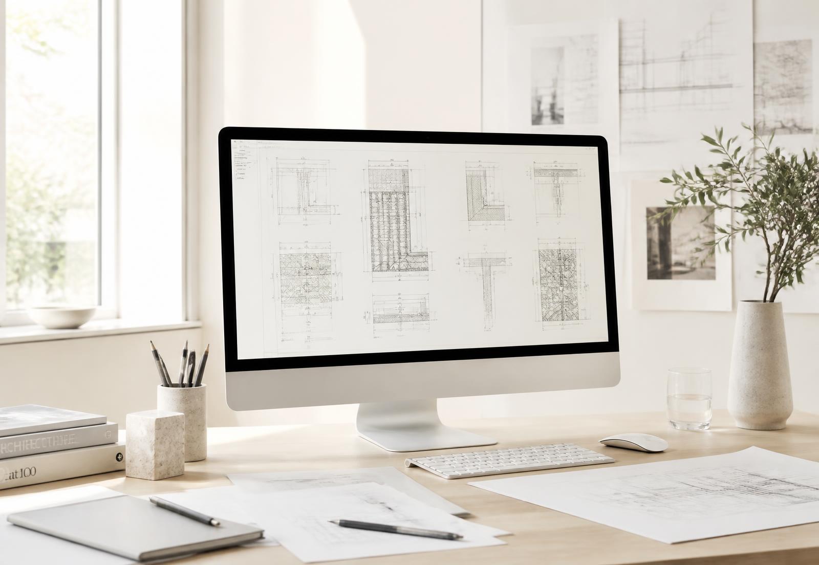 Werkplanung und Konstruktionsdetails auf einem Bildschirm im hellen Planungsbüro