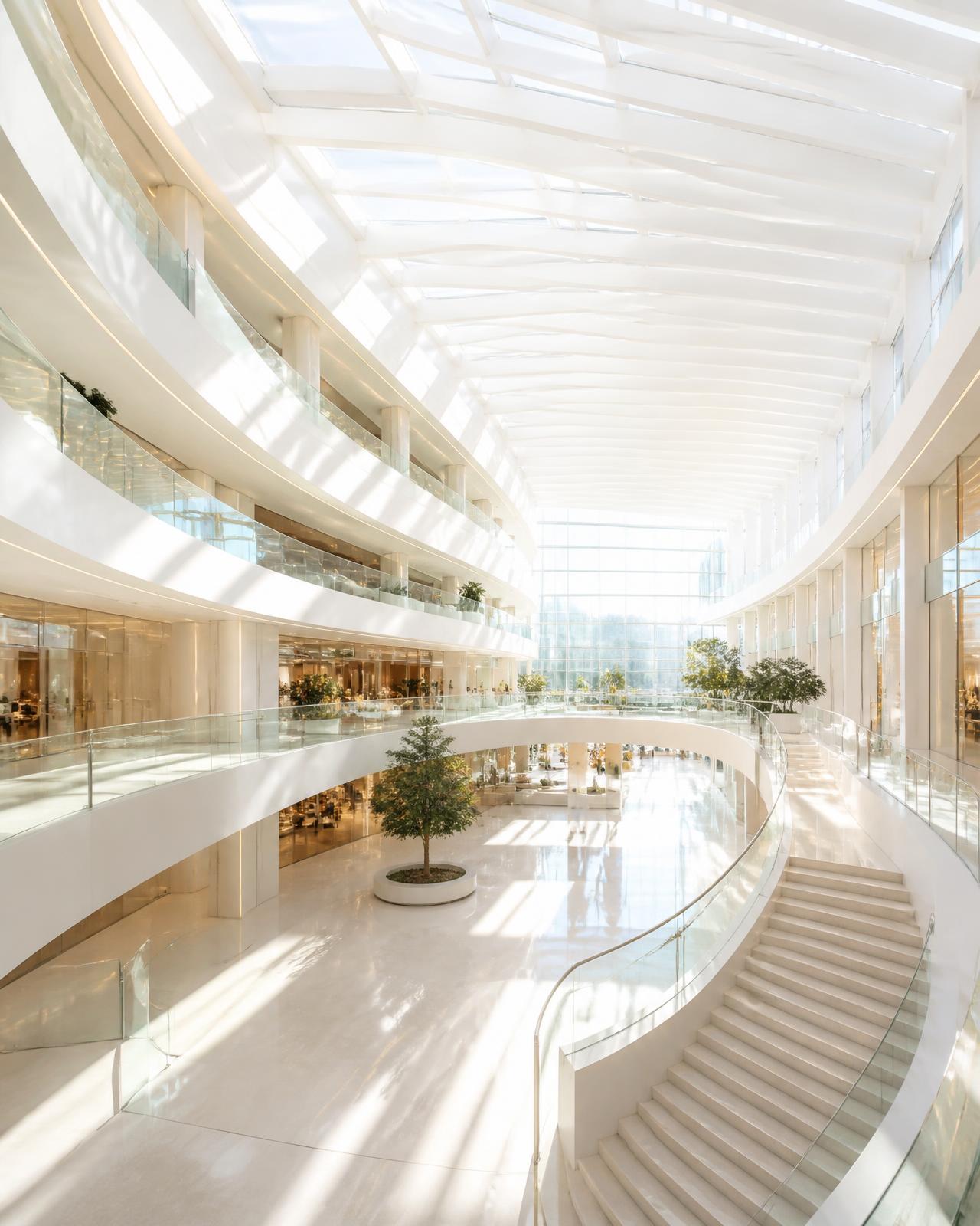 Lichtdurchflutetes weißes Atrium eines Einkaufs- und Bürokomplexes