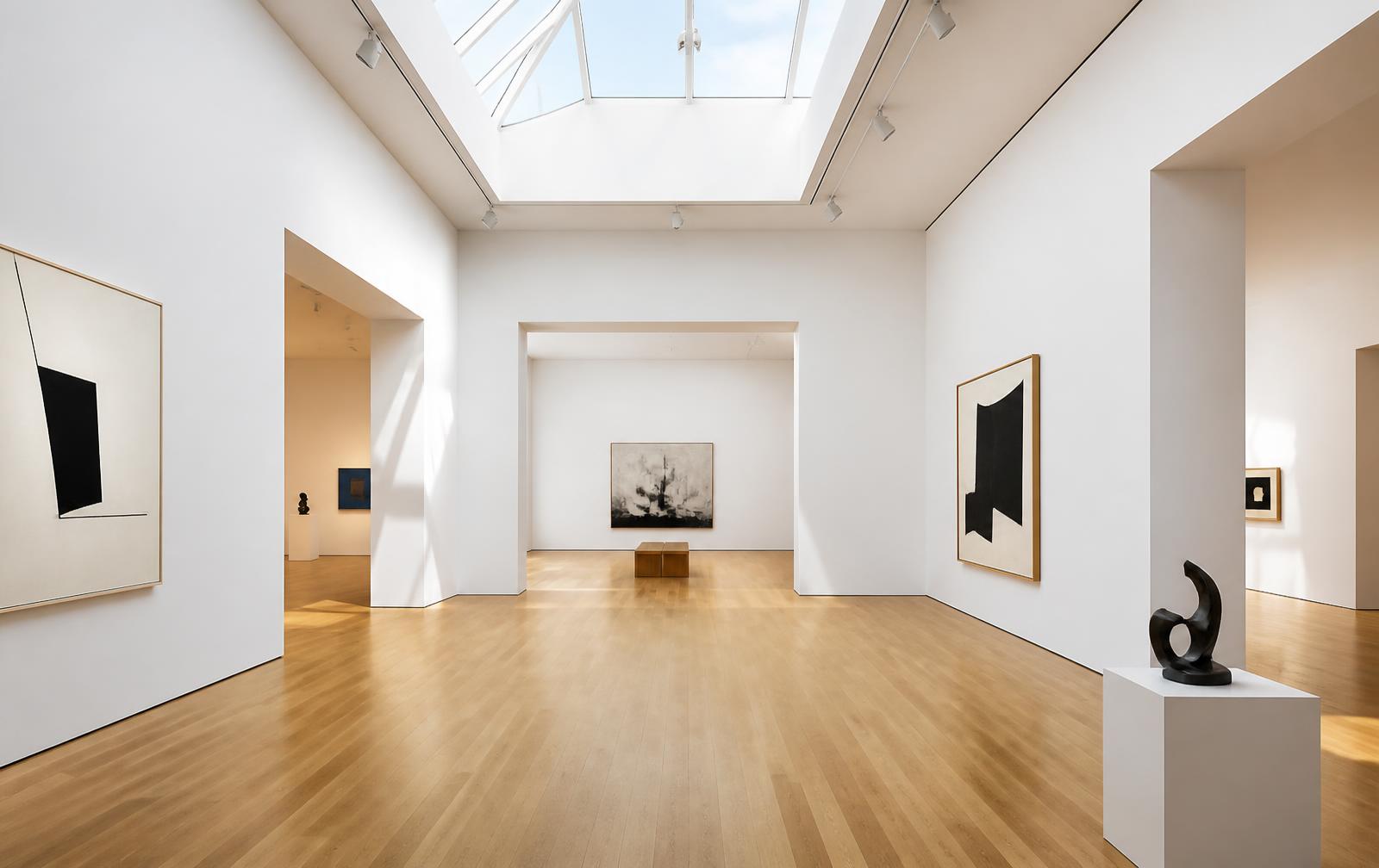 Helle Museumsgalerie mit Oberlicht, weißen Wänden und Eichenboden