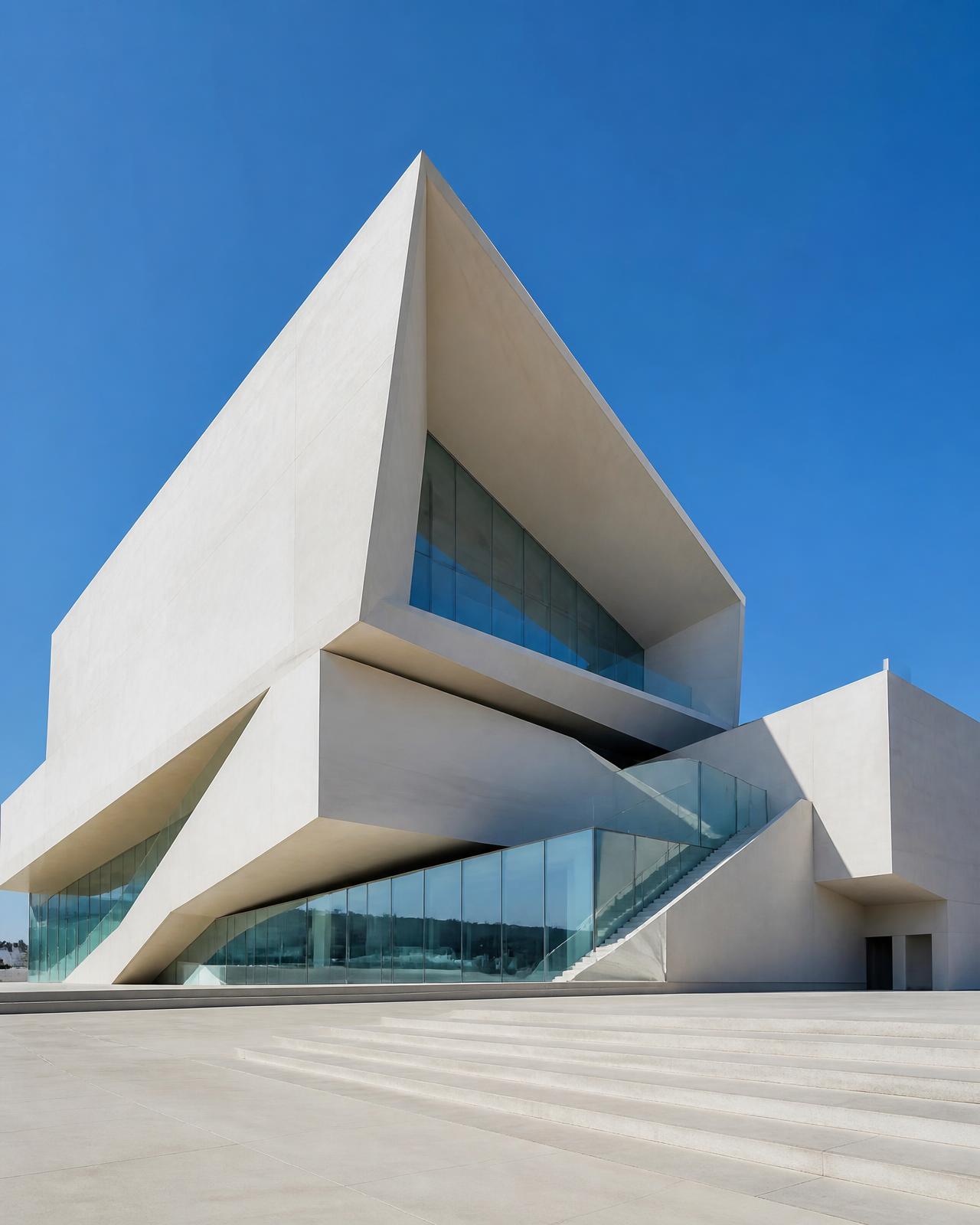 Kulturbau aus hellem Sichtbeton und Glas vor blauem Himmel