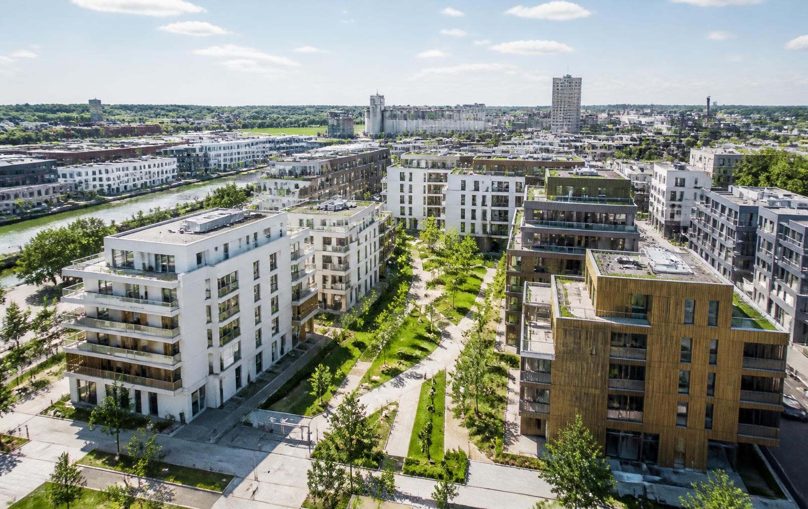 Helles neues Stadtquartier mit weißen und hölzernen Gebäuden und grünen Höfen