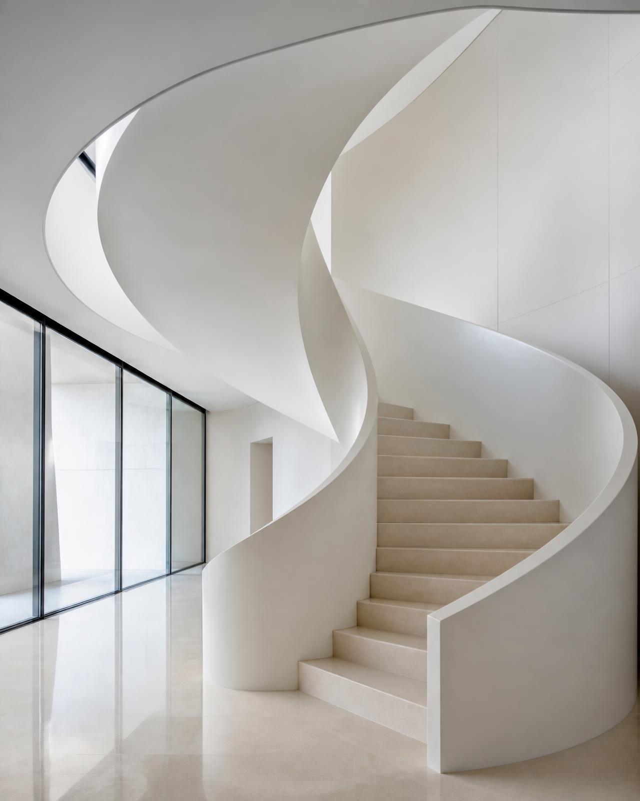 Skulpturale weiße Wendeltreppe in einem hellen modernen Gebäude