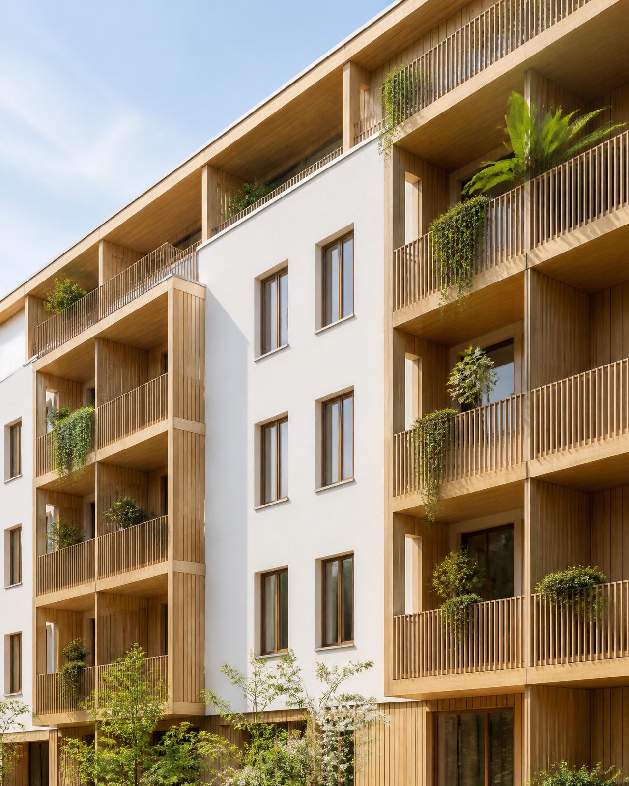 Heller Holzhybrid-Wohnbau mit begrünten Balkonen