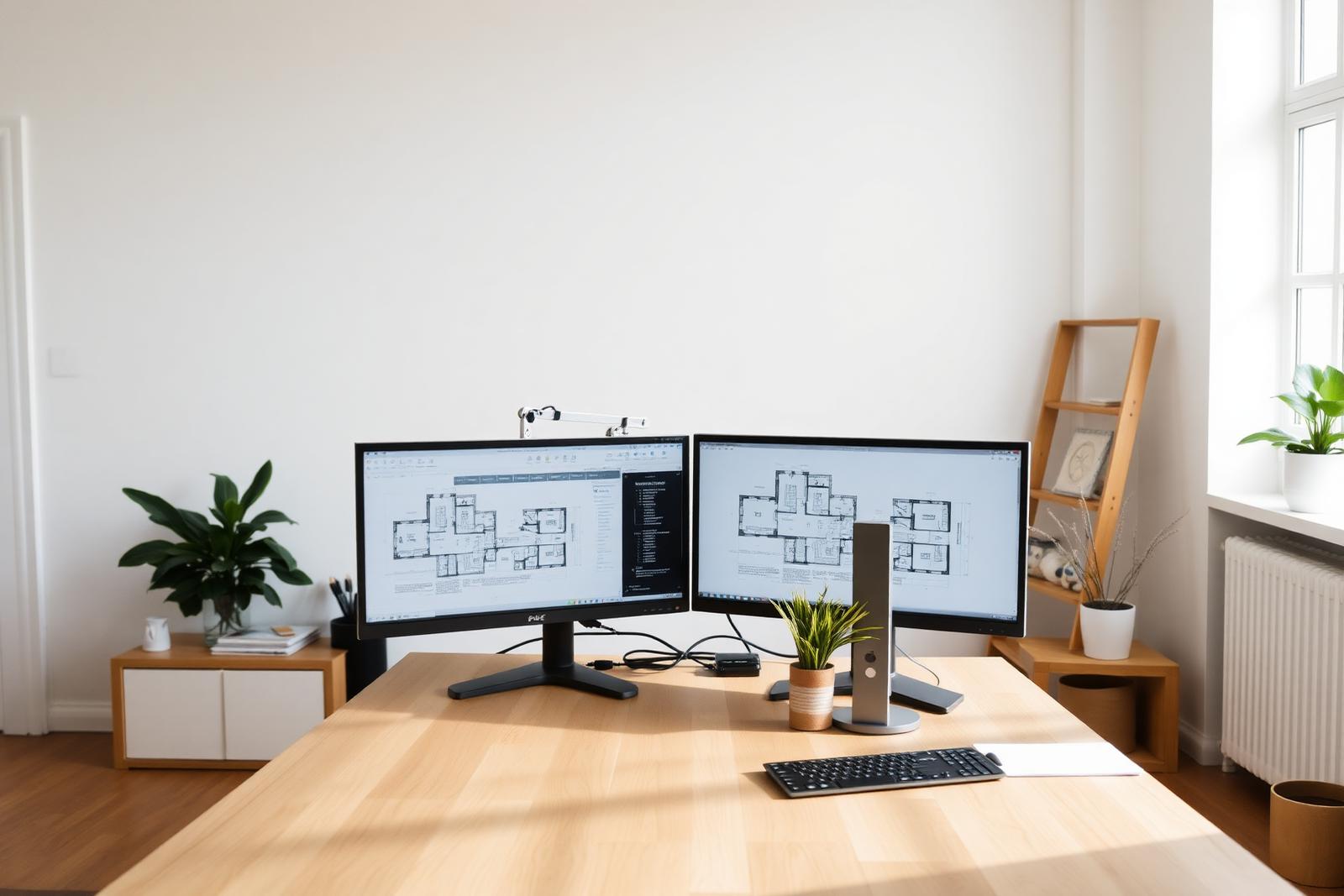 Arbeitsplatz in einem Architekturbüro mit Entwurfsunterlagen und Bildschirm