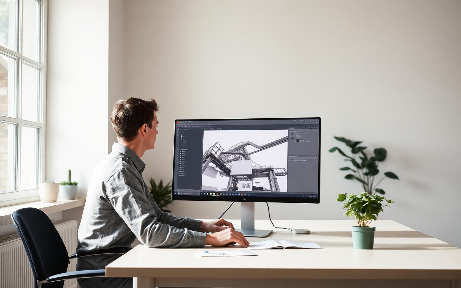 Architekt arbeitet in einem hellen Büro am Bildschirm mit der Planungsoberfläche