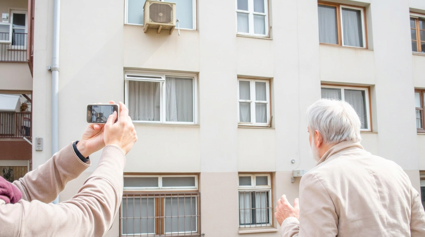 Bauherr filmt ein Bestandsgebäude mit dem Smartphone